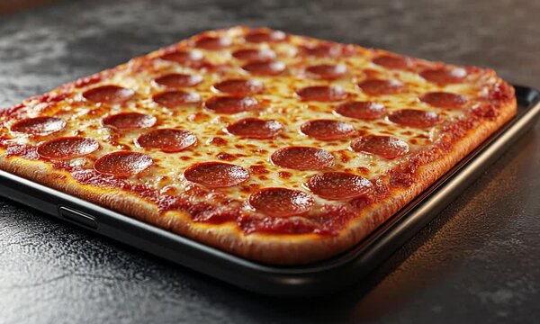 A delicious square pepperoni pizza on a dark surface.