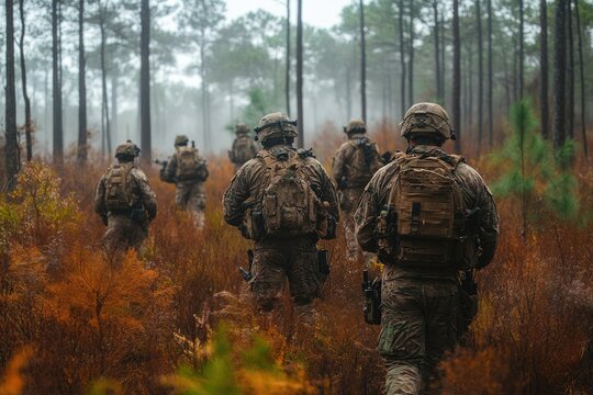Group of soldiers in camo walking through a field