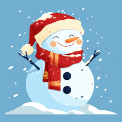 New Year card. A snowman in a red hat and a red scarf decorated with snowflakes on a blue background