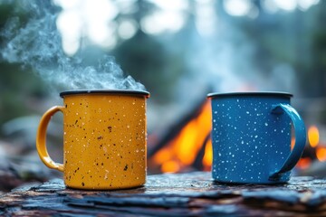 Two steaming mugs warming up in front of campfire during camping trip
