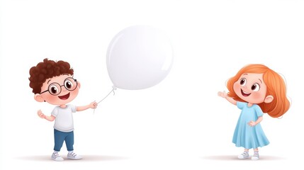 Children Having Fun with Balloon in Playful Cartoon Style