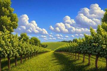 Naklejka premium Lush Vineyard with Green Grapevines and Puffy White Clouds Under a Clear Blue Sky