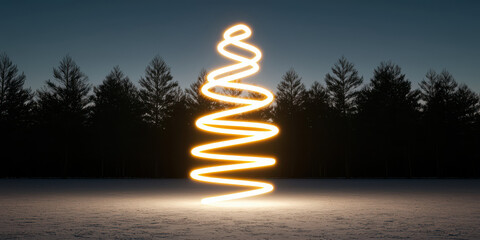 Obraz premium glowing spiral Christmas tree shines in snowy landscape