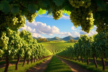 Naklejka premium Scenic Vineyard with Abundant Green Grapes and Mountain Range Under a Blue Sky