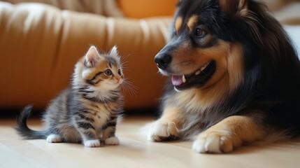 cute little kitten befriending a big dog