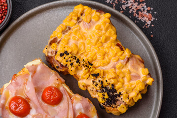 Sandwich with brioche, meat, melted cheese, ham, tomatoes, salt, spices and herbs