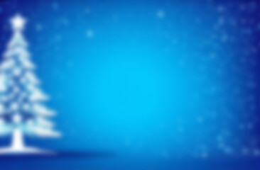 large blue Christmas background on which it is snowing with a blurred silhouette of a Christmas tree, in the center there is space for text