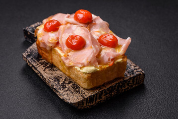 Sandwich with brioche, meat, melted cheese, ham, tomatoes, salt, spices and herbs