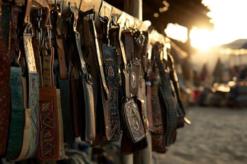 Ornate Leather Keychains Hanging In A Row