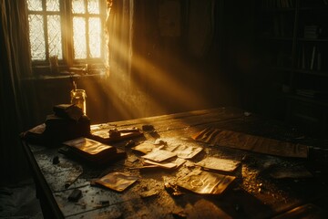 Obraz premium Sunlit Dusty Room Reveals Old Papers And Objects