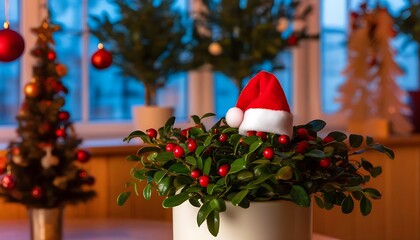 Fototapeta premium Festive Season with Santa Hat on Plant Pot, New Interior Design Trend