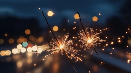 Obraz premium Sparkler fireworks at night closeup. Bright sparks burst in dark background. City lights bokeh. Festive ambiance. Celebration night. Perfect for holiday theme. Nighttime fireworks. Happy holiday