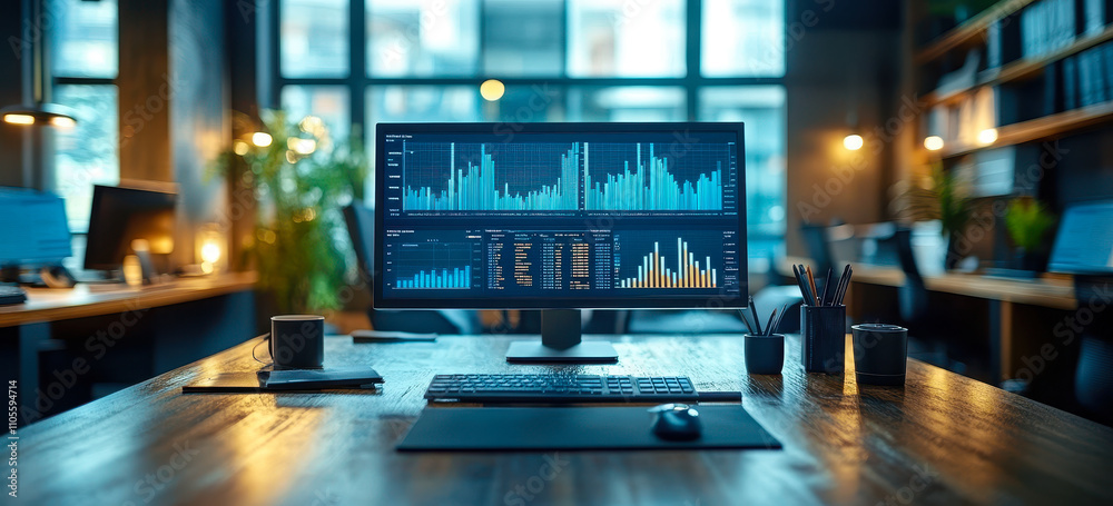 Poster modern business office with data analysis on computer screen with graphs and charts