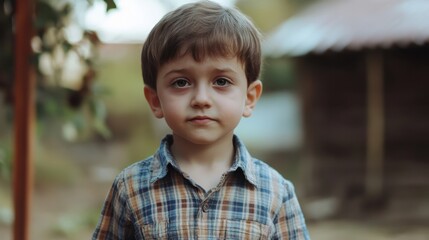 A young boy is standing in front of a building with a plaid shirt on