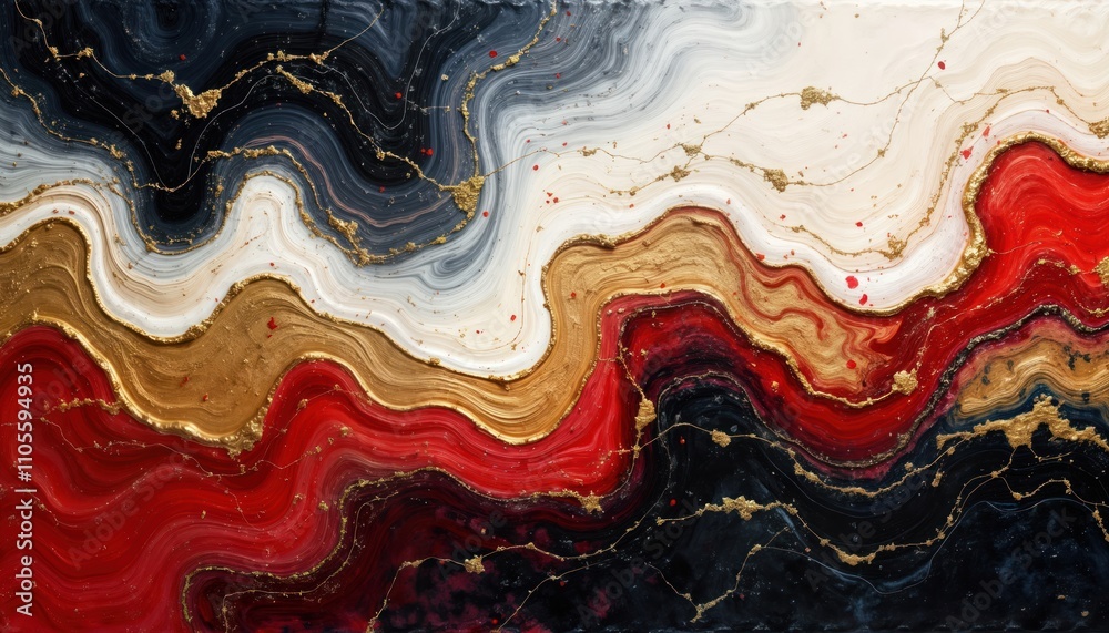 Poster abstract art design with gold black red white marble patterns. fluid colors, textures create unique 