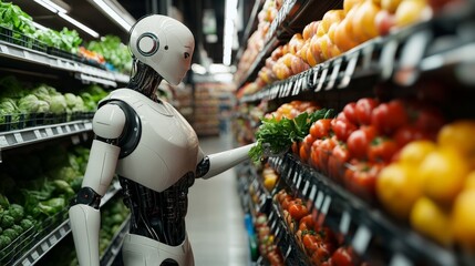 Robot shopping in grocery store aisle with fresh vegetables and fruits.