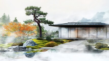 Serene japanese zen garden tranquil watercolor landscape for mindfulness