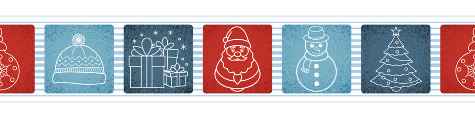 Seamless border of Christmas symbols, winter background, vector design	