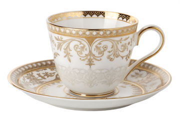 Elegant porcelain teacup with ornate gold design on a saucer, displayed on a white background.AI GENERATED