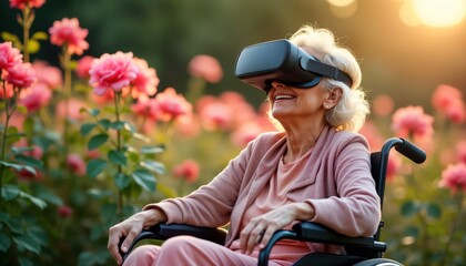 Senior woman in wheelchair enjoys virtual reality game in rose garden. Older lady with VR headset explores virtual world sitting in chair. Modern tech use for entertainment, leisure. Positive emotion