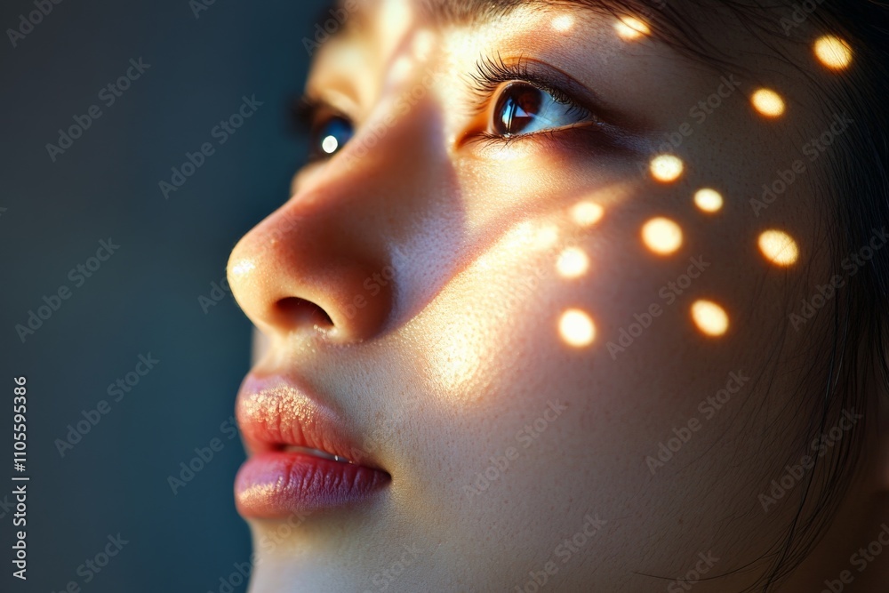 Poster a close-up portrait of a person's face with sunlight creating dappled patterns across their skin, sh