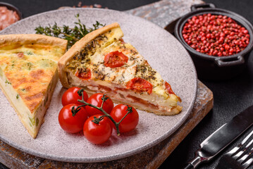 Delicious quiche with broccoli, cheese, chicken, spices and herbs