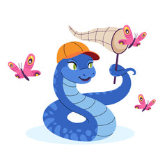 Snake in cap catches butterflies with net. Summer vibe character. Symbol of Chinese New Year. Suitable for greeting card, calendar, packaging. Vector flat illustration.
