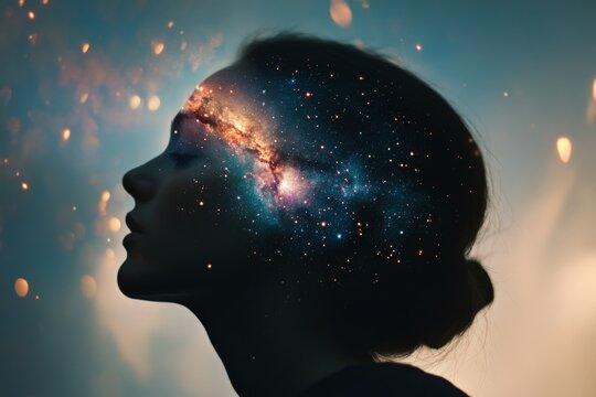 An artistic silhouette accented with cosmic elements representing cosmic thoughts and universe within, embodying introspection and connection with outer space.