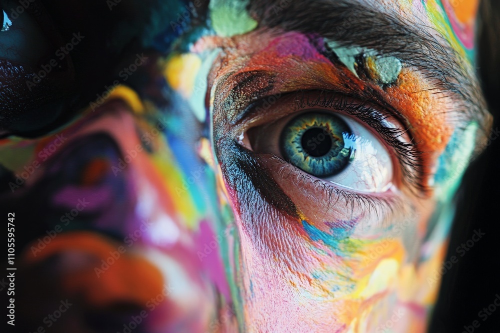 Poster a colorful close-up view showing a blue eye with vibrant paint strokes in various hues covering the 