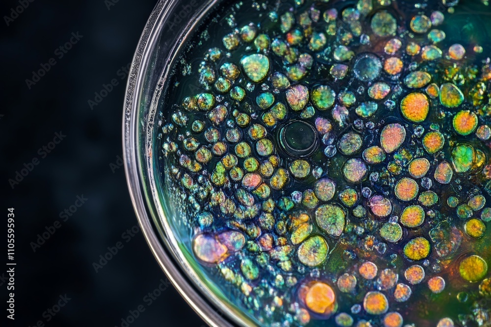 Poster A vibrant image filled with iridescent bubbles captured in a circular container, merging art and science with a mesmerizing explosion of colors and textures.