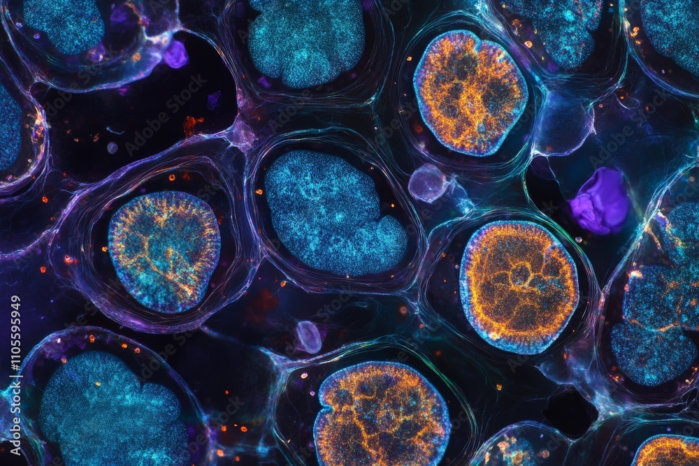 Aufkleber A mesmerizing microscopic image displaying neon-colored cells with vibrant structures, illustrating the intricate complexity of cellular formations and scientific beauty.