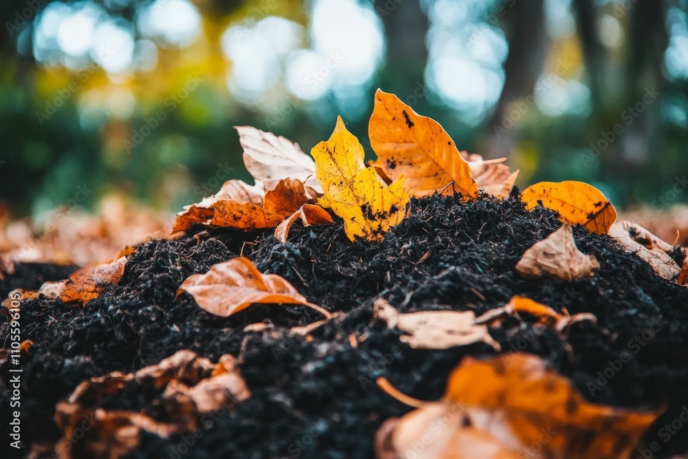 Poster a dynamic image with vibrant autumn leaves scattered across moist earth, capturing the essence of fa