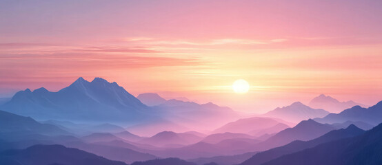 breathtaking sunrise over serene mountain range, with soft pastel colors painting sky and misty layers creating tranquil atmosphere