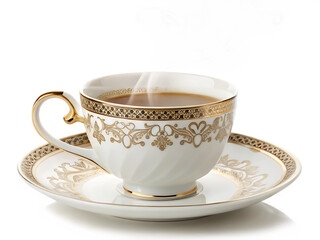 Elegant steaming cup of tea with ornate gold detailing against a white background.AI GENERATED