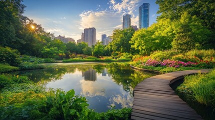Fototapeta premium City park A wooden bridge crosses the lake, surrounded by lush greenery and colorful flowers beds background wallpaper AI generated image