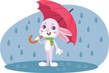 Cartoon bunny under umbrella rain. Autumn rabbit