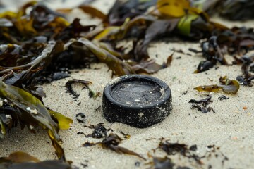 A black plastic bottle cap is partially buried in sandy beach with scattered seaweed, highlighting pollution and environmental impact on marine ecosystems.