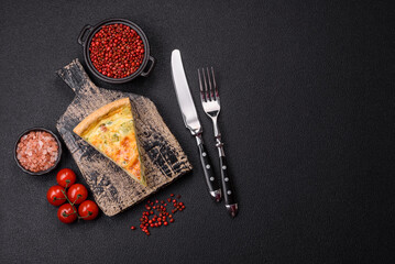 Delicious quiche with broccoli, cheese, chicken, spices and herbs