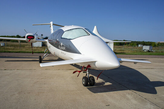 MAKS-2011 on territory of airfield LII im. Gromov. Italian administrative aircraft Piaggio P.180 Avanti of Italian airline Wind Jet at static parking lot. Zhukovsky, Russia - August 17, 2011
