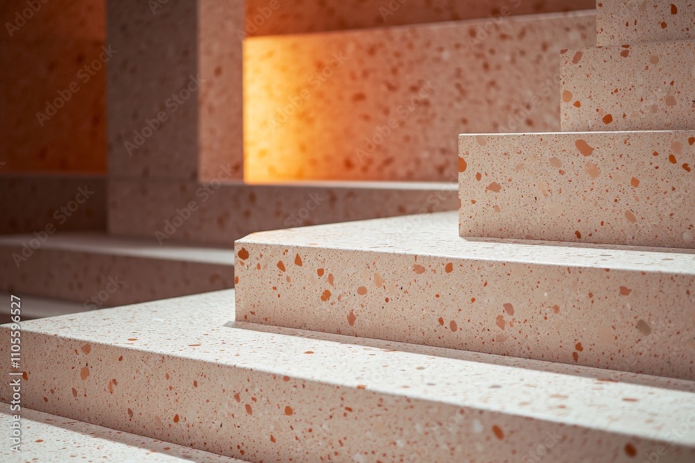 Poster Gently illuminated staircase made from pastel-colored terrazzo, exuding a warm ambiance and displaying the harmonious integration of light and material in architecture.