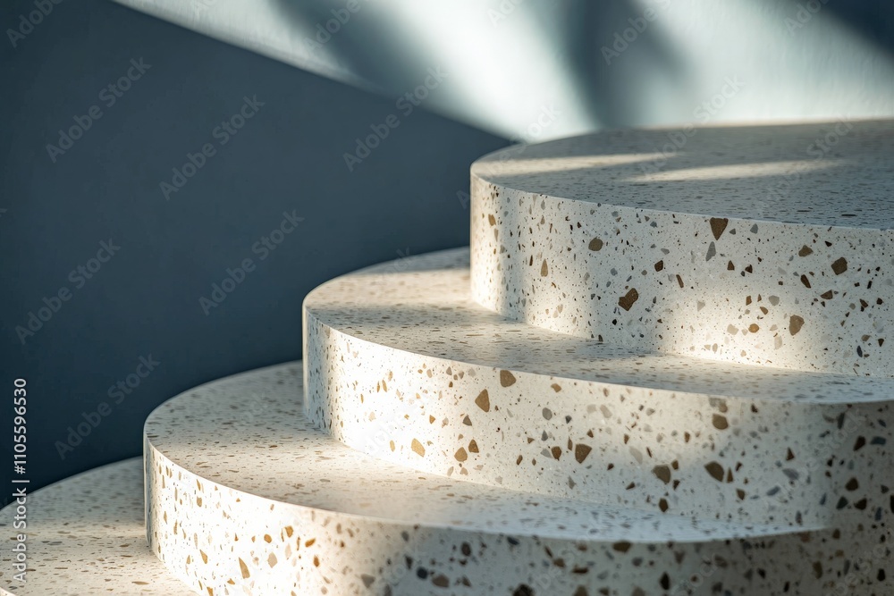 Leinwandbilder A stairway designed using terrazzo material with geometric precision, illuminated by natural light creating an interplay of shadows on the steps for an artistic effect.