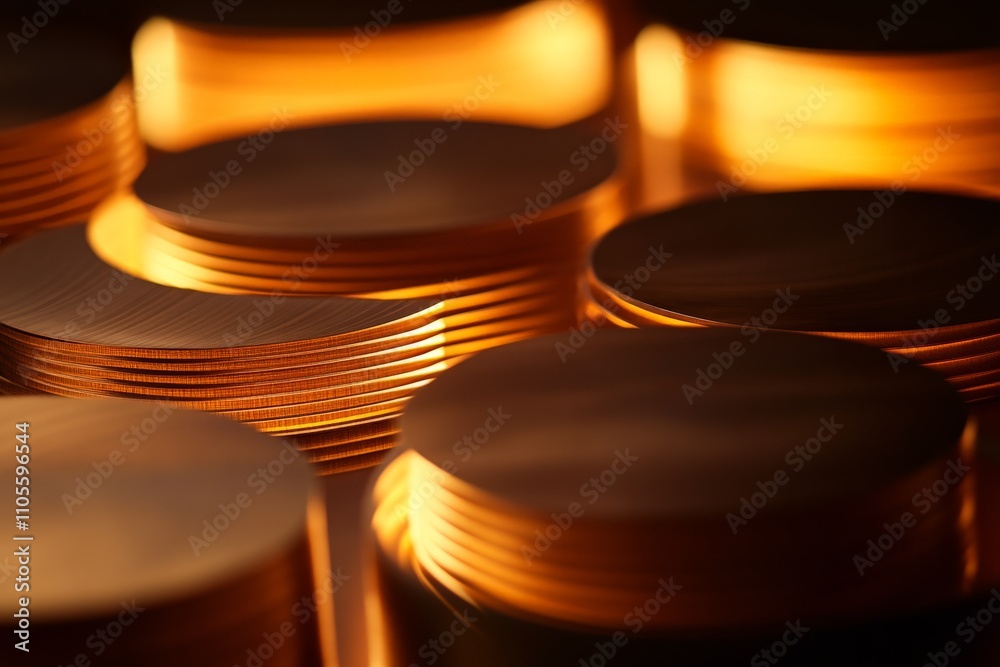 Aufkleber An array of bronze metallic discs illuminated in warm glowing light creates a captivating display emphasizing their smooth texture and curved design.