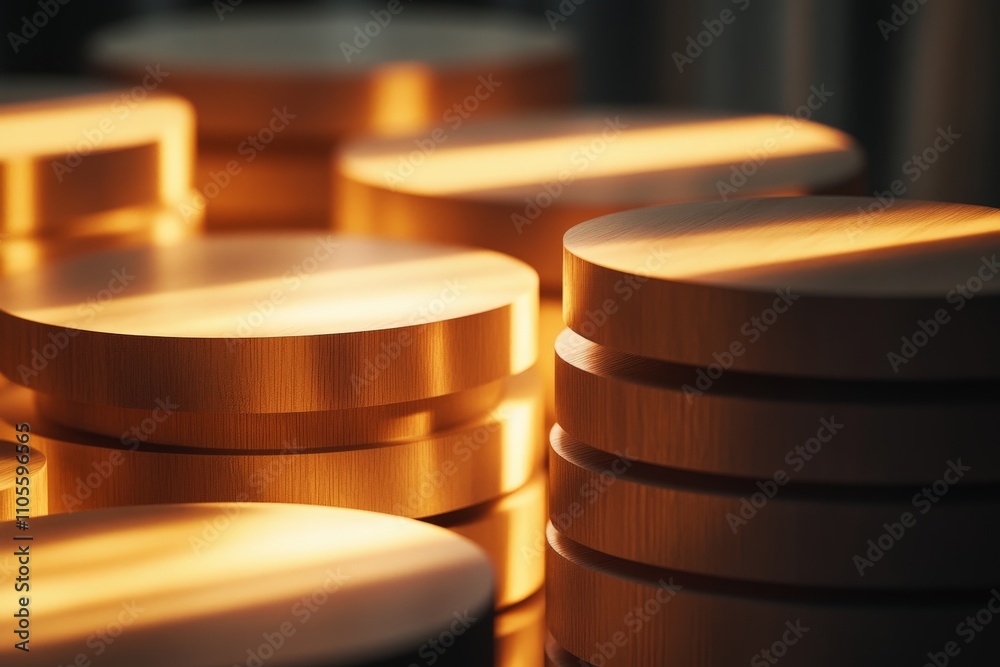 Aufkleber Multiple stacks of round wooden shapes illuminated by a warm golden light which creates a cozy and inviting visual feeling of warmth and comfort.