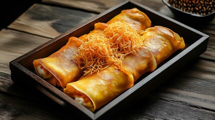 A delicious platter of rolled pastries topped with crispy strands, served in a wooden tray, highlighting a tempting culinary delight.