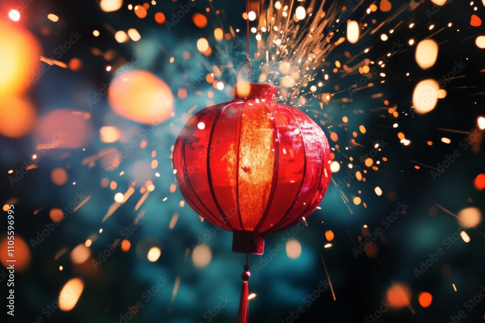 Poster A glowing red lantern is highlighted against a backdrop of sparking fireworks, creating a dynamic and captivating scene of excitement and tradition.