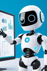 White robot demonstrates data charts on a computer screen, suitable for technology, artificial intelligence, data analysis, and presentation concepts