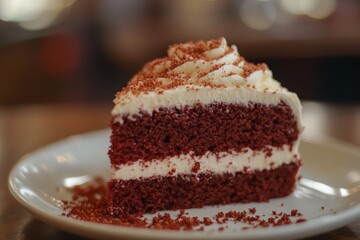 A delectable slice of red velvet cake topped with creamy frosting, presented on a white plate, showcasing its rich red color and appealing texture.
