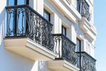 A bright, white building showcasing a series of classic balconies with elaborate iron railings, representing timeless architectural beauty and urban sophistication.