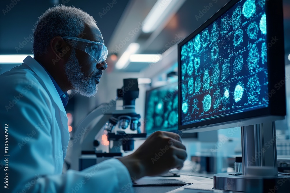 Leinwandbilder An experienced scientist with gray hair and goggles focuses on complex scientific data displayed on monitors in a high-tech laboratory environment showcasing precision.