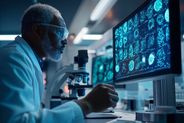 An experienced scientist with gray hair and goggles focuses on complex scientific data displayed on monitors in a high-tech laboratory environment showcasing precision.